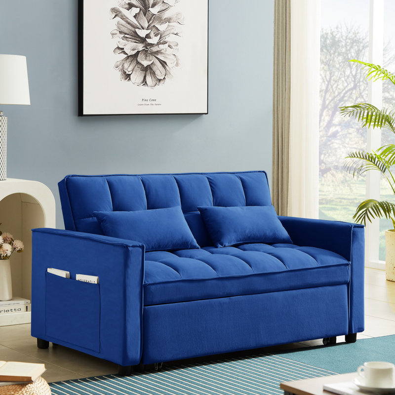 Velvet Convertible Loveseat Sleeper Sofa Couch 2 Seater Sofa with Pull Out Bed Blue